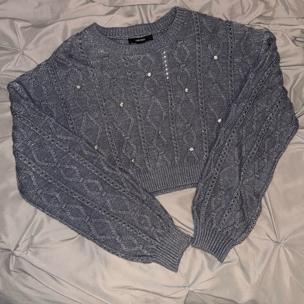 Forever 21 Grey Embellished cropped Cable Knit Sweater